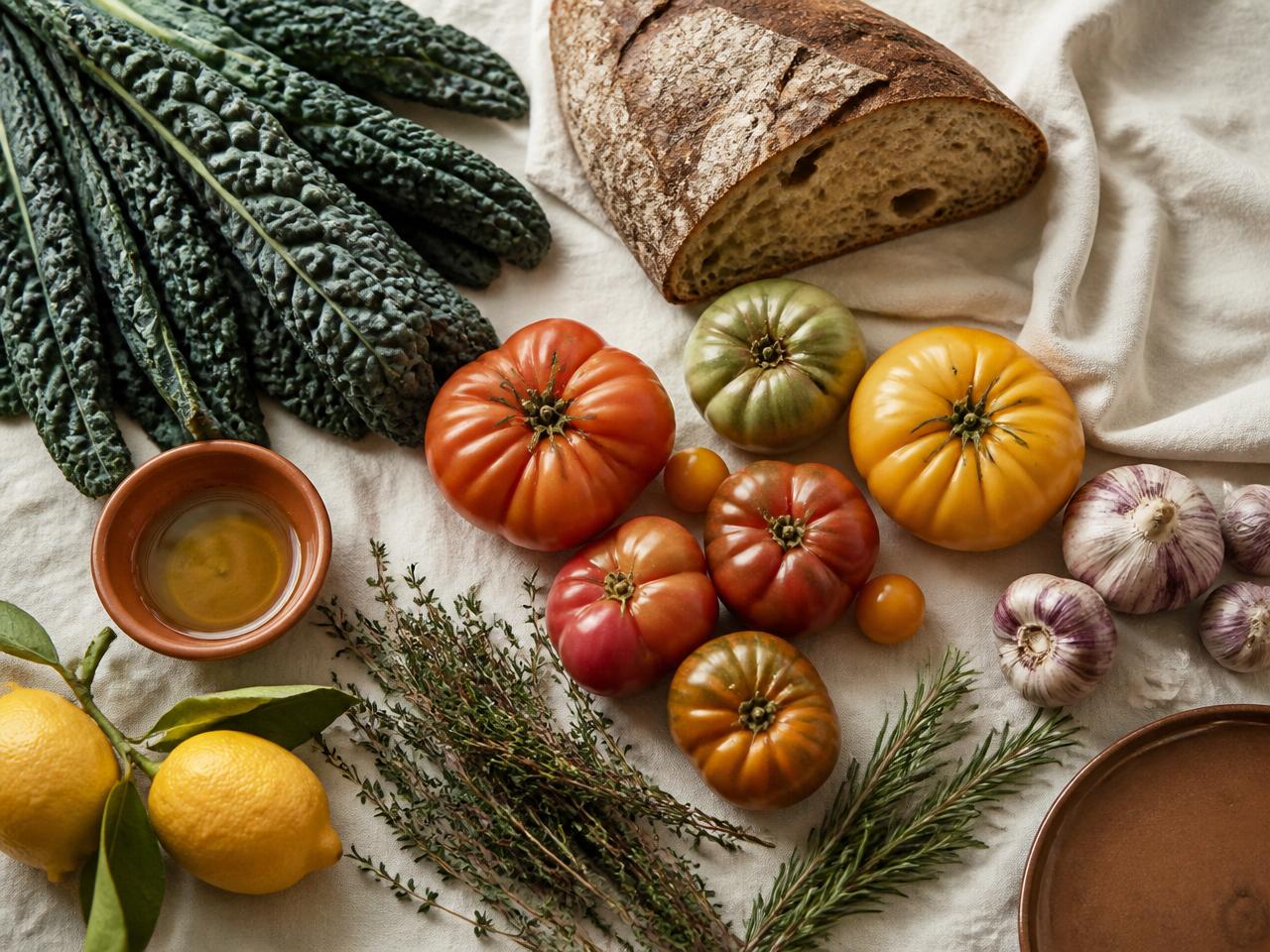 Fresh seasonal produce — heirloom tomatoes, kale, sourdough, garlic, and lemons on warm linen